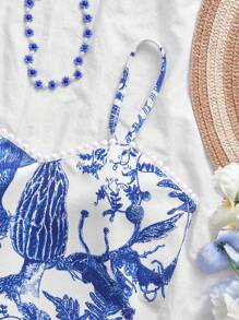 SHEIN VCAY Form-Fitting Elegant Knitted Blue & White Printed Crop Top Camisole Top For Women, Knitted, Suitable For Spring/Summer Holiday, Summer For Women,Rave Top,For Summer Vacation, Women Summer - Blue and White - View 6