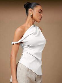 Hauture Women Summer Asymmetrical Shoulder Ruched Top, Summer Tops, For Daily, Date Night, Concerts, Performances, Parties, Clubs - White - View 5