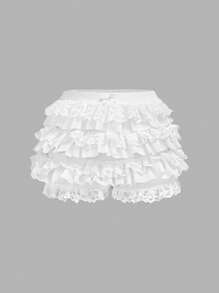 SHEIN Girlism Tween Girl Coquette Balletcore 甜美蝴蝶结可爱网眼撞色蕾丝荷叶边松紧腰超短裤夏季短裤海滩度假