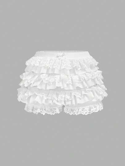 SHEIN Girlism Tween Girl Coquette Balletcore Sweet Bow Kawaii Mesh Kontrast Spets Volang Trim Elistisk midja Micro Mini Shorts Sommar Shorts Beach Holiday