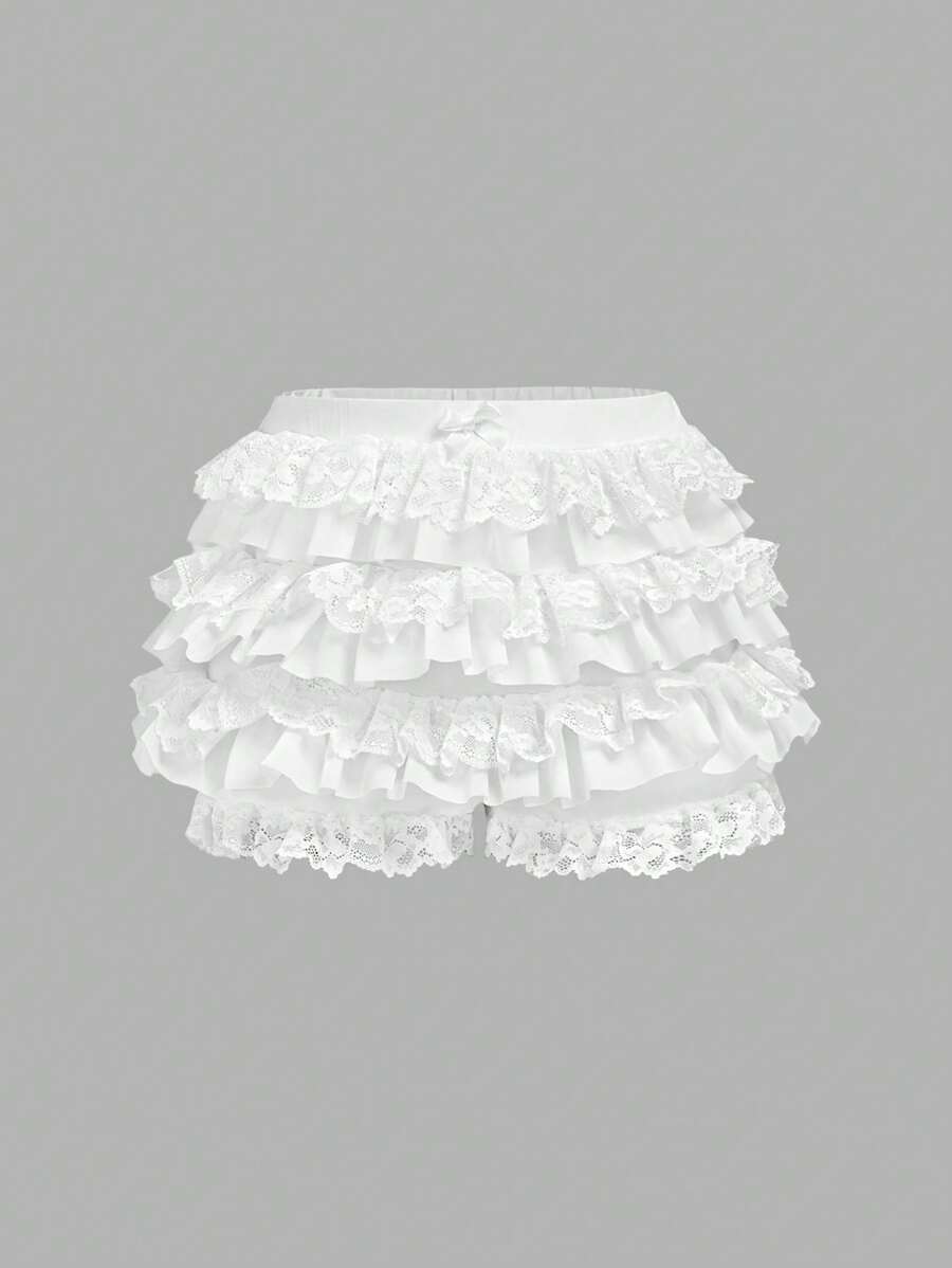 SHEIN Girlism Tween Girl Coquette Balletcore 甜美蝴蝶结可爱网眼撞色蕾丝荷叶边松紧腰超短裤夏季短裤海滩度假