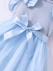 Glamorique Kids Young Girl' Cap Sleeve Ribbed Mesh Round Neck Princess Versatile Summer Dress, With Belt - Blue - View 5