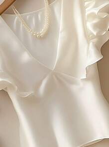 1pc Women's Satin Chiffon White Cap Sleeve Blouse - White - View 4