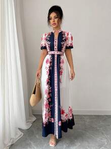 Elenzga 女士优雅花卉印花立领泡泡袖节日连衣裙 - 彩色 - 查看 3