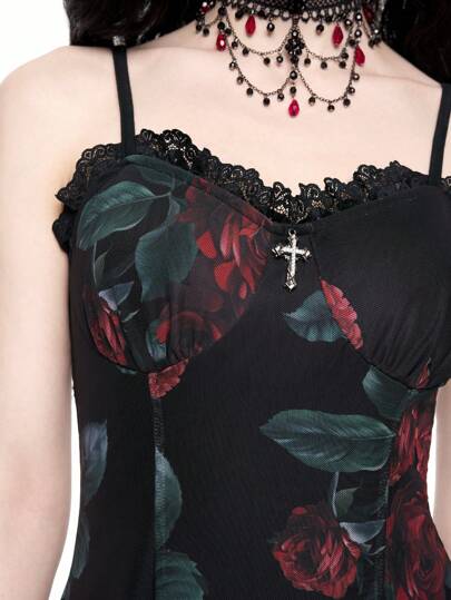 Goth Vestido de corpiño con estampado de rosa gótico vintage y ribete de encaje para mujeres
