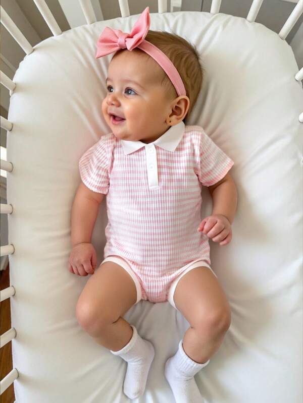 Souflis Souflis Baby Girls Ribbed Knitted Polo Collar Romper 2-5T Summer New Comfy Rib Bodysuit