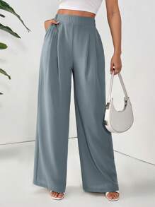 SHEIN Essnce Quần dài màu trơn cơ bản cho nữ, thời trang cho mùa hè - Màu xanh bụi bặm - Xem 6