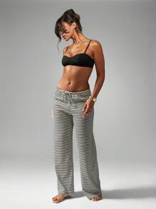 MISSGUIDED Quần ống rộng kẻ sọc thoải mái khi mặc đi nghỉ mát Quần đi biển mùa hè nhẹ, có dây rút, phong cách Palazzo thoải mái, vừa vặn - Đen và trắng - Xem 6