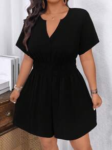 EMERY ROSE 大码女式纯色 V 领短袖腰部褶皱连体裤 - 黑色 - 查看 4