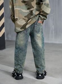 SHEIN YOUNG BOYS Vintage Distressed Washed Straight Leg Jeans, Casual Fashion Street Style Denim Pants For Boys