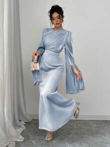 Rafferiza Women's Elegant Gathered Waist Fishtail Hem Cocktail Dress With Flare Sleeves, Shiny Fabric, Autumn/Winter Maxi Women Outfit Fall Cloth For Women