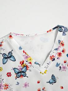 PopScrub Cute Cartoon Butterfly & Flower Printed /Nurse Scrub Uniform Top  Print V Neck Frosted Scrub Top, Casual Short Sleeve Work Wear, Women Sweetheart V-Neck Ruched Blouse, Women Short Sleeve V-Neck Nurse Uniform Shirt With 2 Pockets, Soft Stretchy Ruched Graphic Tee V-Neck Short Sleeve Blouse For Lady Wear Women's V-Neck Short Sleeve Double Pocket Cute Cartoon Animal Pink Heart Rabbit Print Simple Nurse Uniform Set/Doctor Work Uniform Set/ Examination & Surgery Uniform Set/Solid Color Pet Grooming Work Uniform Set/Nutritionist Work Uniform Short Sleeve Set/Functional Multi-Pocket Lab Work Uniform Top