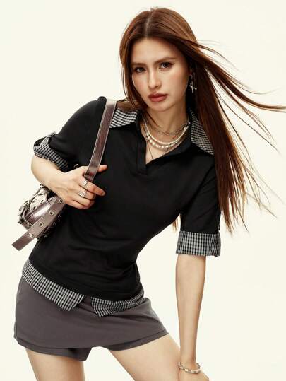 Rina Fox 女式拼色格子拼接二合一 Polo 领 V 领下摆开衩短袖 T 恤，通勤