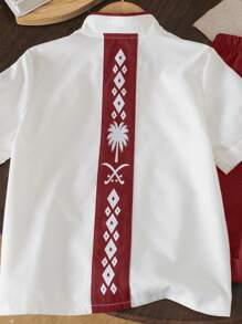 SHEIN 2pcs/Set Young Boy Local Native Costume: Stand Collar Patched Holiday Pattern Shirt And Shorts, Suitable For Vacation And Beach - Red - View 5