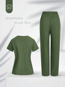TaskEZ Uniform Set: V-Neck Short Sleeve Tailored Blouse And Drawstring Straight Leg Casual Pants - Olive Green - View 2