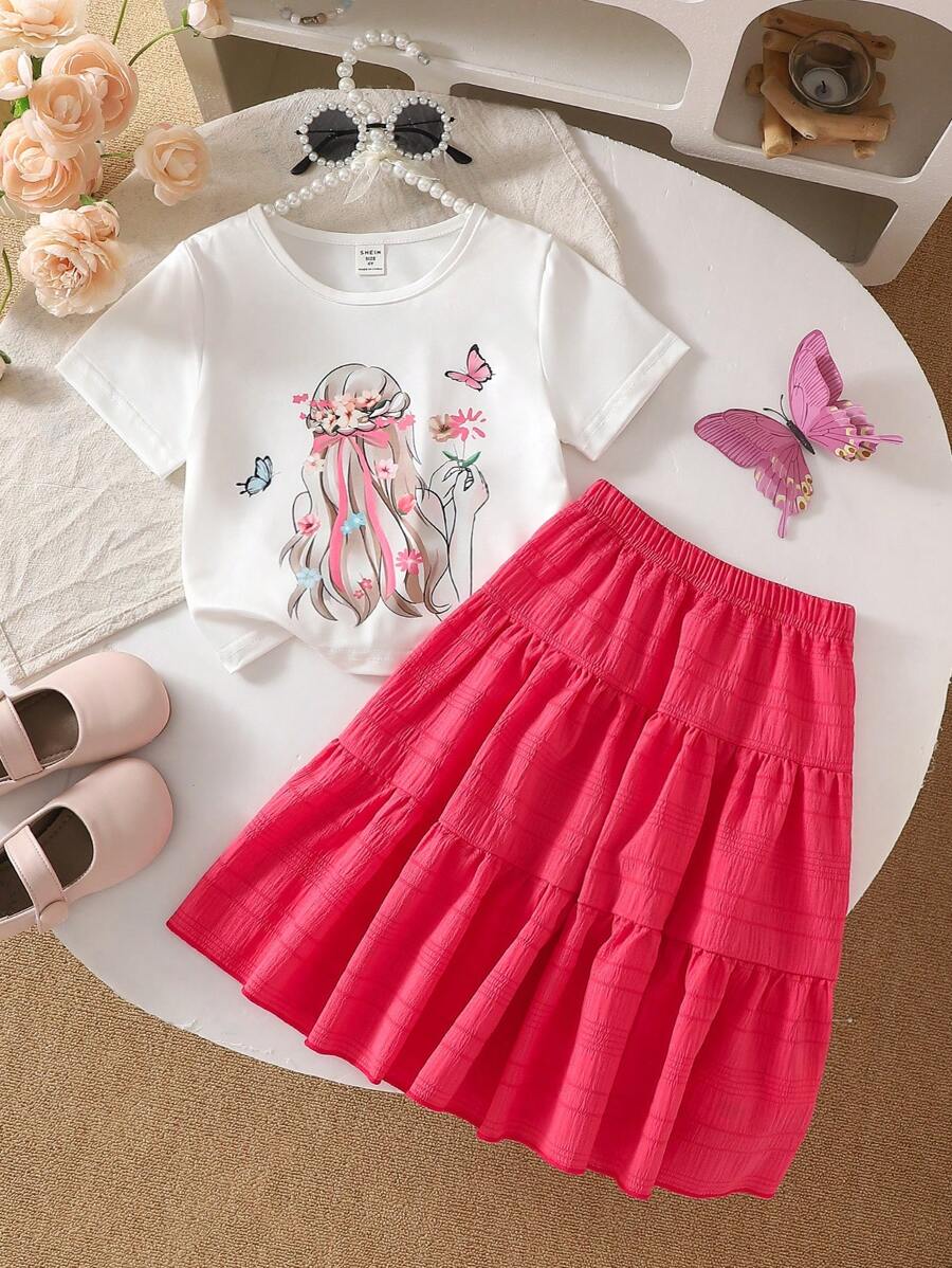 Elladie kids 2 件套女孩可爱花卉图案圆领短袖 T 恤和裙子