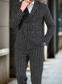 Manfinity Mode Men's Business Commuter Striped Double-Breasted Blazer And Trousers Suit Set - Black - View 1