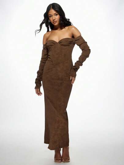 brown suede maxi dress SUEDE SLIT DRESS – MARINA EEЯRIE main image 1