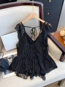 SHEIN Frenchy Plus Size Women's Elegant Asymmetrical Lace Black Tank Top, Summer - Black - View 5