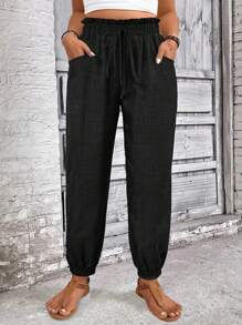 SHEIN LUNE Plus Size Women Linen Blend Drawstring Waist Casual Pants Fall Cloth For Women - Black - View 4