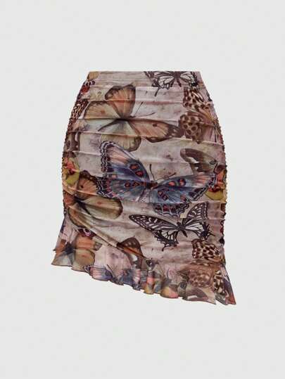 Fairycore Jupette mini asymétrique à volants avec imprimé papillon et style vintage en maille, style Fairycore