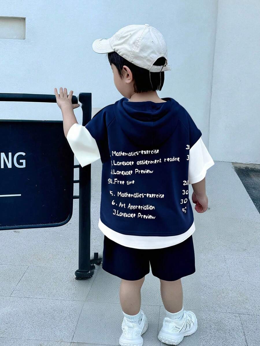 2pcs/Set Young Boy Comfortable, Casual, Fashionable, Versatile, Minimalist, Japanese And Korean Style, Loose Fit, Navy Blue, 2 In 1 Shoulder Sleeves, Short Sleeves, Hooded Sweatshirt, Knitted Top And Shorts Set, Suitable For Spring And Summer Seasons, Daily Life, Sports, , Campus, Gatherings, Festivals, Performances, Photography, Back To School Season