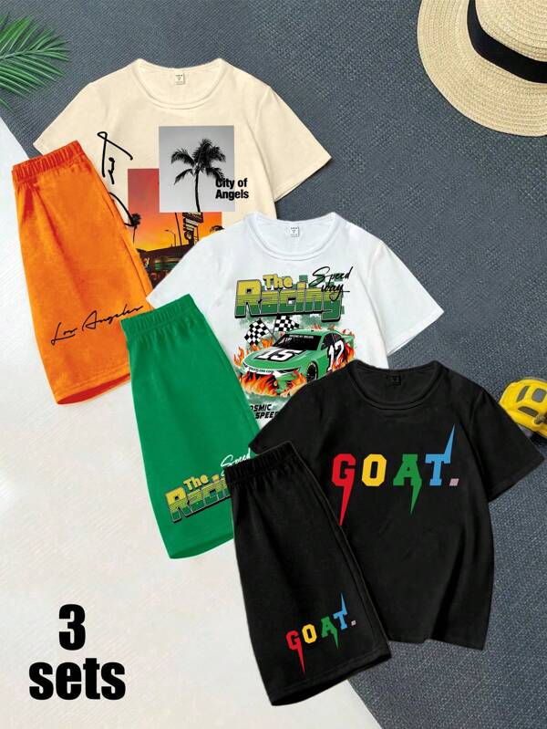 GraphicGems 6pcs Set Boys' Casual Creative Cartoon Racing Car Graphic Letter Print T-Shirt & Shorts Set