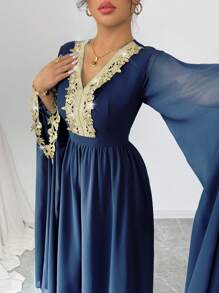 Rafferiza 女士优雅 V 领蕾丝腰收紧 A 字形斗篷袖雪纺长袍，阿拉伯女士时尚，优雅，斋月，休闲，长袍，纯色 - 藍色 - 查看 6