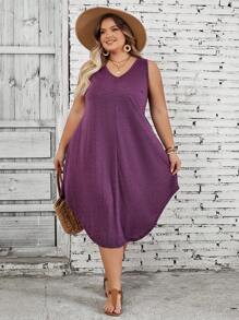 SHEIN CURVE+ Plus Size Women's Solid Color Curved Hem Vest Dress Purple - Purple - View 6