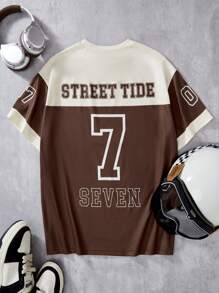 SHEIN T-shirt à manches courtes col rond pour adolescents, avec impression de numéros, de couleurs contrastées et de patchwork en style sport décontracté