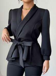 INAWLY 2 pezzi Set di giacca e pantaloni con volant eleganti e manica lunga per donna taglia grande