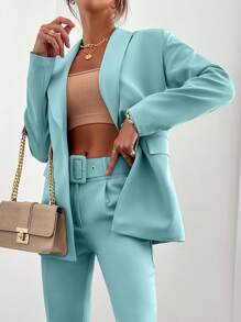 EURMUSE Shawl Collar Single-Button Jacket Suit And Pants - Mint Blue - View 3