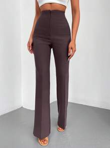 EURMUSE Solid Flare Leg Pants - Brown - View 6