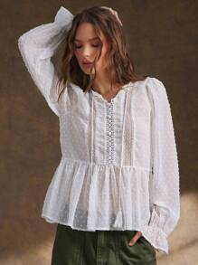 WESTFADE Clip Dot Chiffon & Lace Cute Bow Tie Front Long Sleeve Ruffle Peplum Poet Blouse For Spring Break Summer Beach Vacation - White - View 5