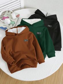 SHEIN 3pcs Young Boys' Casual Letter Applique Thermal Lined Solid Color Hooded Sweatshirts Chic Autumn/Winter - Green - View 5