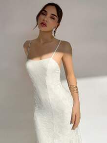 Aloruh Damen sexy elegantes rückenfreies Jacquard Kleid mit geraffter taillierter Passform und ausgestelltem Rock, für Party/Strand/Dates - Weiss - Übersicht 3