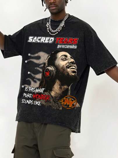 Street Life Camiseta de manga corta con estampado vintage desgastado de "La Novia Cadáver" para hombre