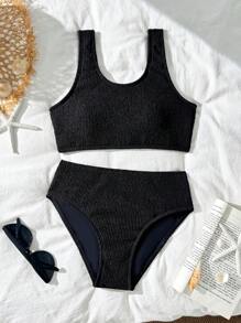 Tween Girls Fashionable Simple Black Texture Bikini Swimsuit Set - Black - View 1