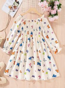 ¡Recién lanzado! Vestido de largo medio para niñas preadolescentes. Tiene una estampa digital de mariposa, una silueta ceñida, mangas largas y un cuello cuadrado. Cómodo, elegante, dulce y lindo, es imprescindible para el uso diario y las salidas.