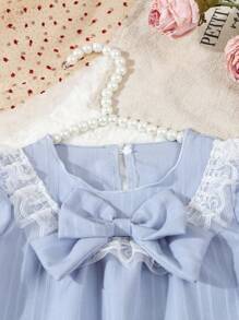Toddler Girl Cute & Elegant Blue Lace Shoulder Trim Bow Front Puff Sleeve Over The Knee Nightgown Loungewear - Blue - View 5