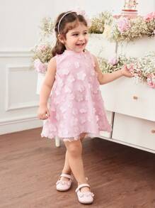 Babygirl 优雅花卉网眼无袖连衣裙，夏季装 - 粉色 - 查看 1