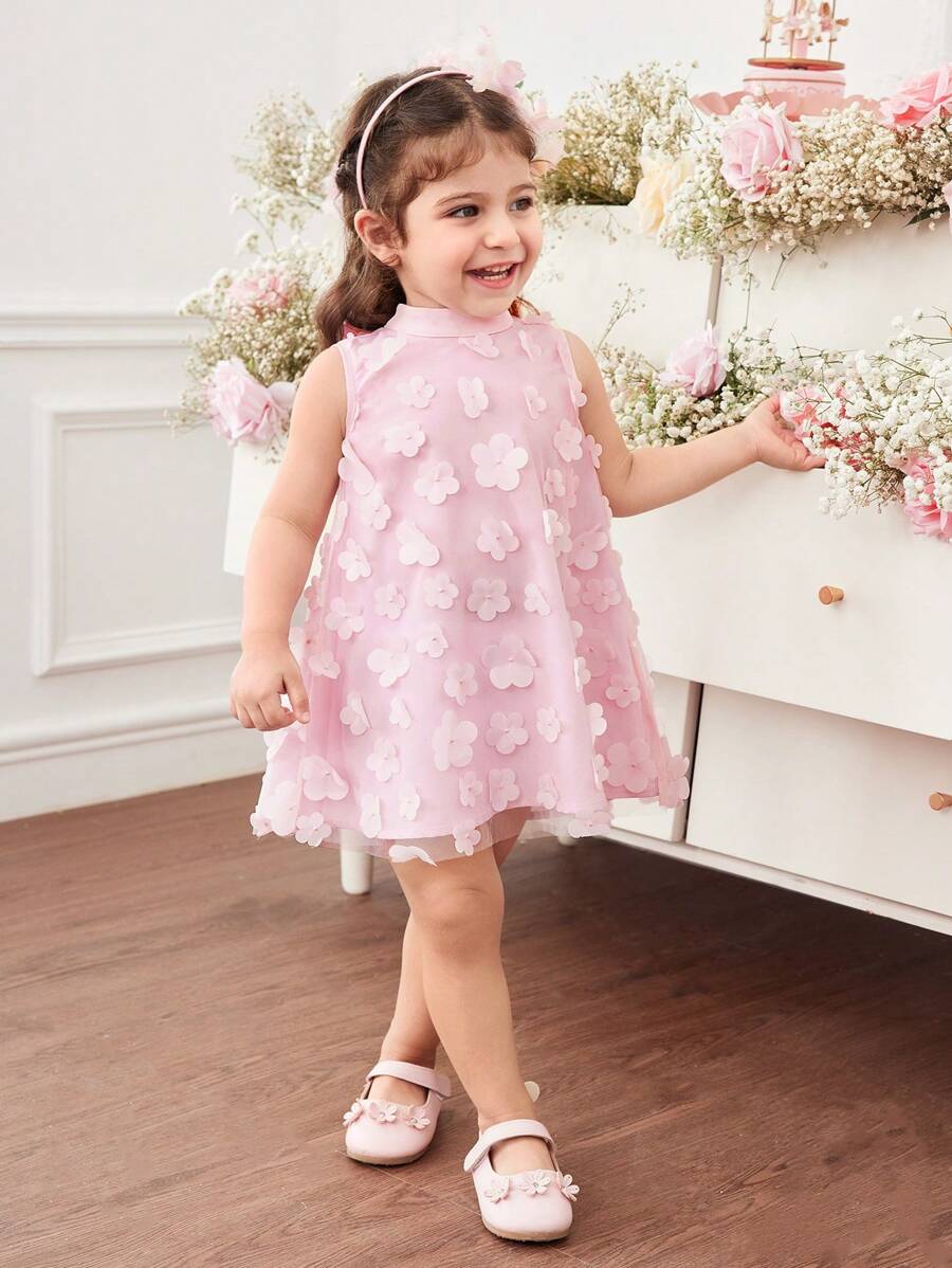 Babygirl 优雅花卉网眼无袖连衣裙，夏季装 - 粉色 - 查看 1