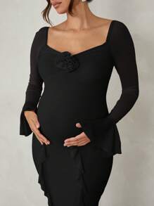 MaterniChic Elegant Floral Embellished Long Sleeve Pink Dress, Suitable For Casual Dates, Events, And Parties, Maternity Dress For Valentine's Day, Baby Showers