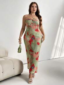 大码女式优雅度假海滩休闲/浪漫抹胸扭纹连衣裙，宽松版型，褶皱渐变色随机花卉印花，春夏 - 薄荷綠 - 查看 5