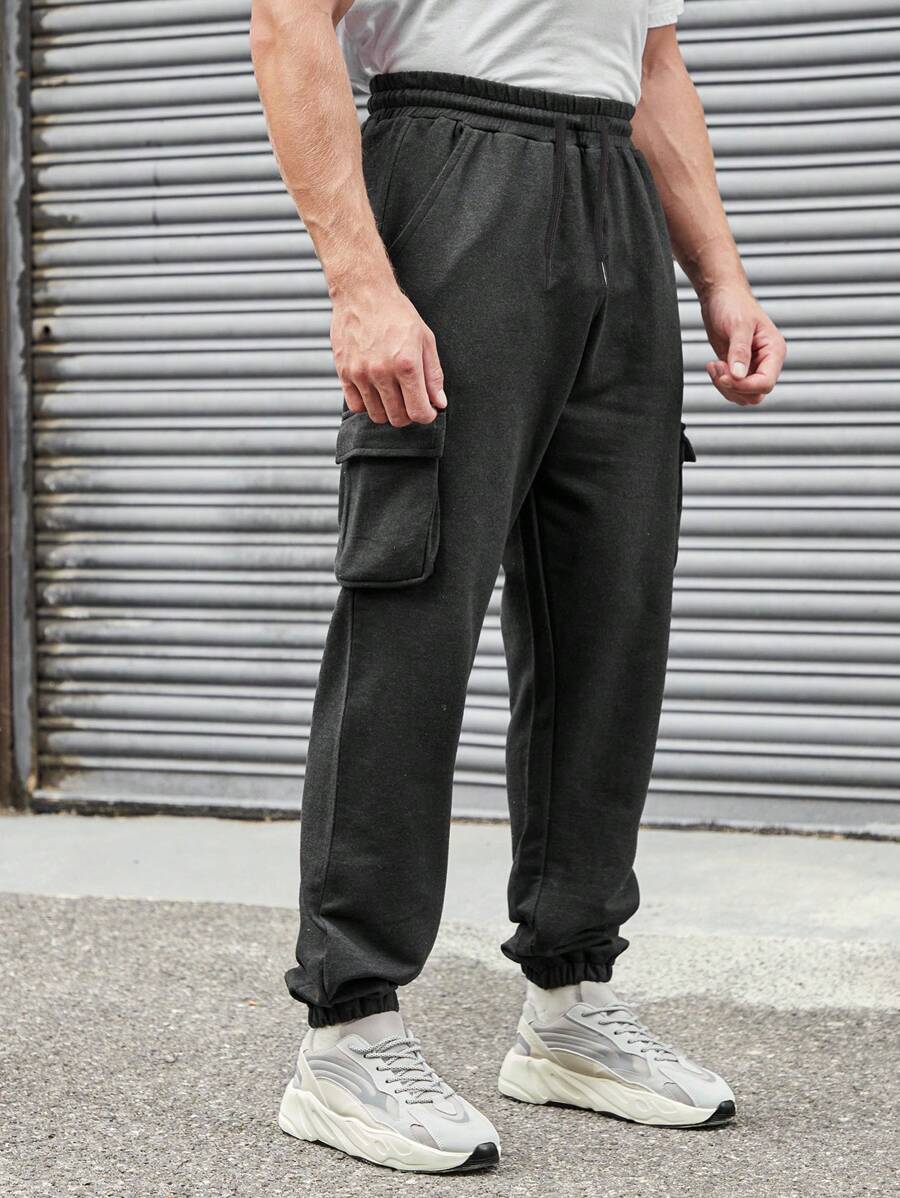 RueChic Men Flap Pocket Side Sweatpants - Dark Grey - View 1