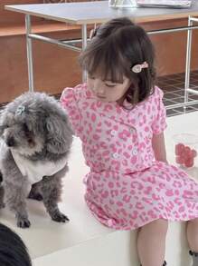 Set de 2 piezas Conjunto de chaqueta cortavientos de leopardo de doble botonadura elegante y minifalda para niña bebé, adecuado para paseos en primavera/verano - Rosa - Ver 5