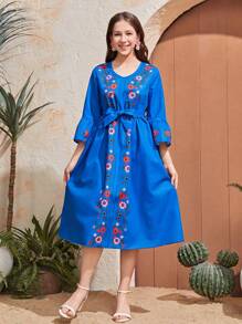 Floral Print Dress For Teenage Girls, Comfortable And Fashionable Outfit For Summer, Lovely And Sweet Essential - Royal Blue - View 5
