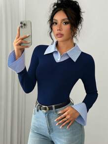 Rafferiza 女士优雅通勤条纹翻领喇叭长袖针织T恤，秋冬春季 - 彩色 - 查看 7
