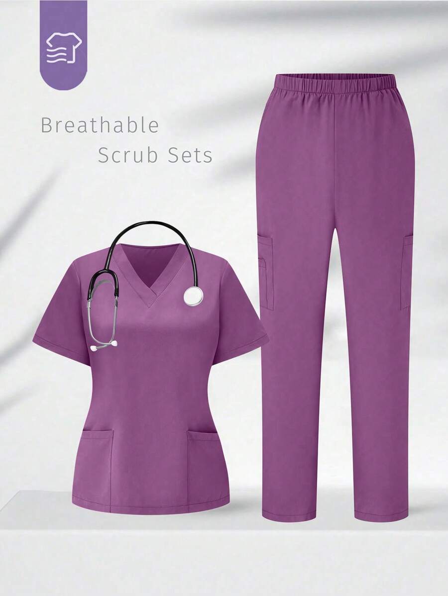 SHEIN TaskFit 制服套装,纯色短袖 V 领上衣和裤子手术服套装 - 中紫紅色 - 查看 1