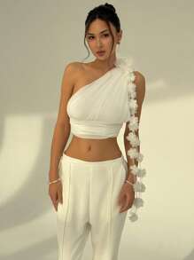 Aloruh Women's Solid Color 3D Floral Decor Sleeveless Pleated Blouse - White - View 6